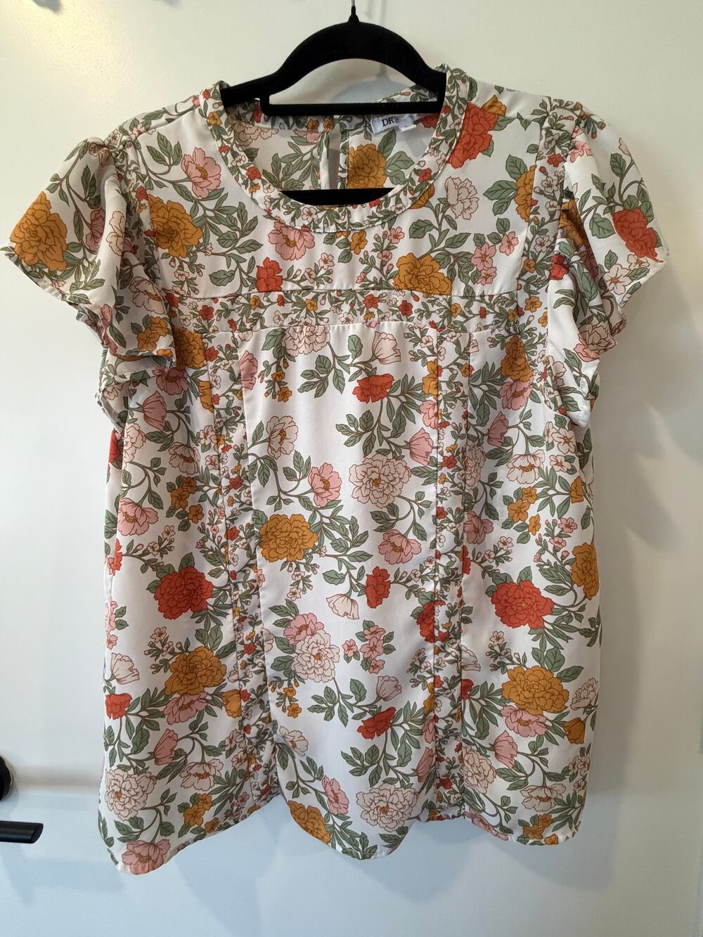 DR2 Flutter Sleeve Blouse Womens Large Floral Full Length Top Daniel Rainn